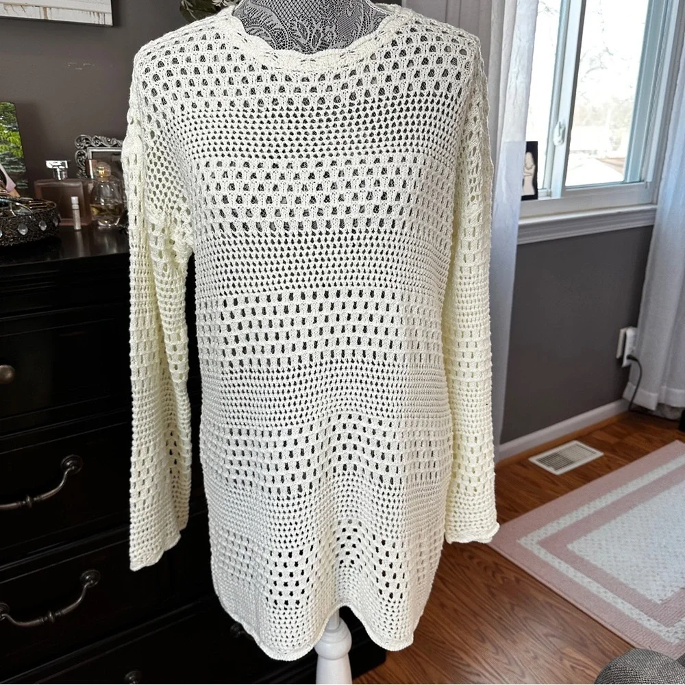 Cream Crochet Open Knit Sweater Tunic | Coastal Boho Beach Coverup Size M